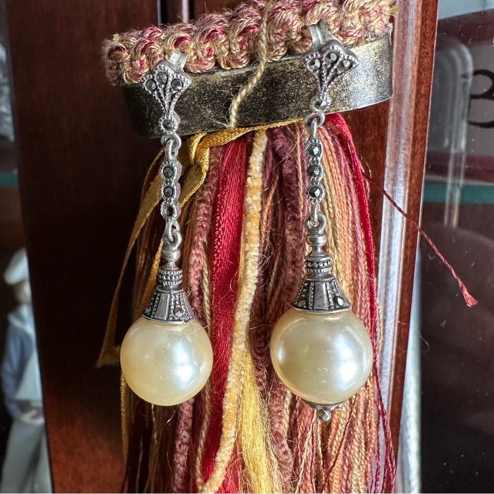 Vintage Sterling Silver Pearl and Marcasite Stone long Dangle Earrings